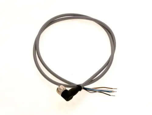 Graues Kabel mit einem gewinkelten Stecker und drei freiliegenden Drähten. Hersteller ist Bosch, geeignet für den Anschluss eines Durchflusssensors.